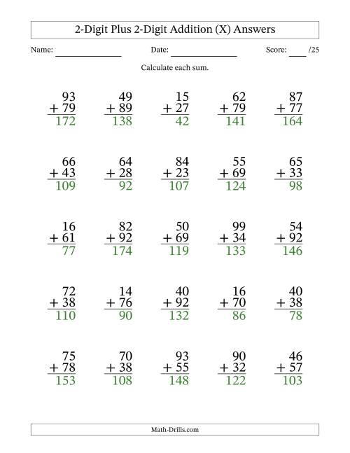 The 2-Digit Plus 2-Digit Addition With Some Regrouping (25 Questions) (X) Math Worksheet Page 2