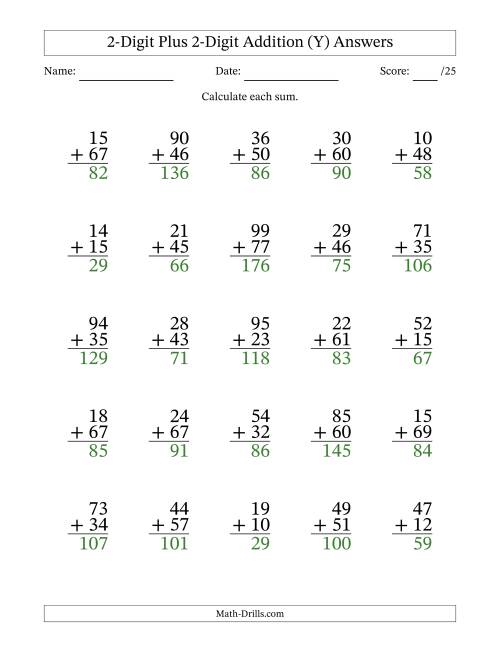 The 2-Digit Plus 2-Digit Addition With Some Regrouping (25 Questions) (Y) Math Worksheet Page 2