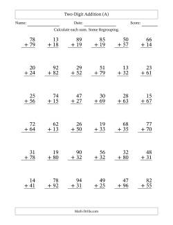 Two-Digit Addition With Some Regrouping – 36 Questions