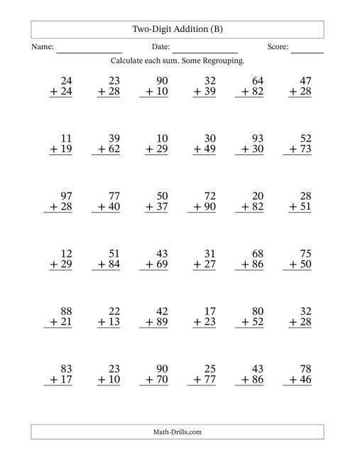 Two-Digit Addition -- Some Regrouping -- 36 Questions (B)