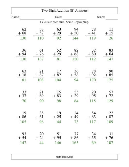 Two-Digit Addition -- Some Regrouping -- 36 Questions (E)