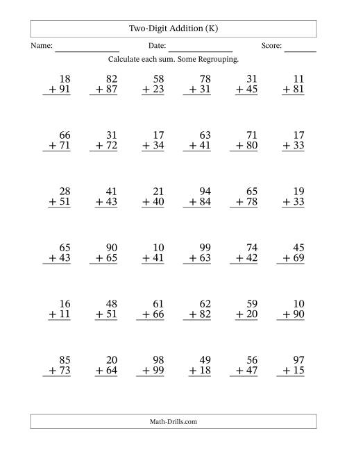 The Two-Digit Addition With Some Regrouping – 36 Questions (K) Math Worksheet