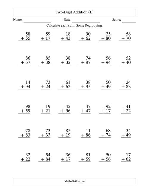 The Two-Digit Addition With Some Regrouping – 36 Questions (L) Math Worksheet