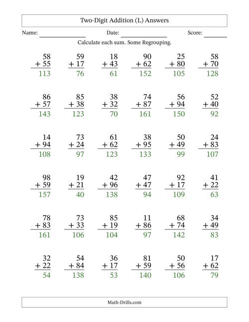 The Two-Digit Addition With Some Regrouping – 36 Questions (L) Math Worksheet Page 2