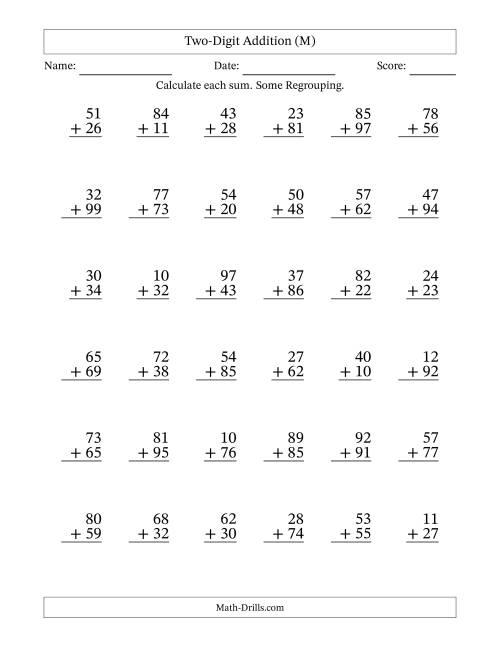 The Two-Digit Addition With Some Regrouping – 36 Questions (M) Math Worksheet