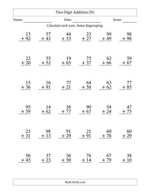 The Two-Digit Addition With Some Regrouping – 36 Questions (N) Math Worksheet