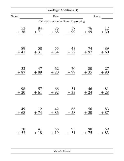 The Two-Digit Addition With Some Regrouping – 36 Questions (O) Math Worksheet