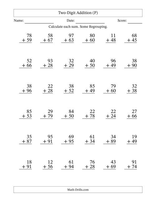 The Two-Digit Addition With Some Regrouping – 36 Questions (P) Math Worksheet