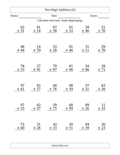 The Two-Digit Addition With Some Regrouping – 36 Questions (Q) Math Worksheet