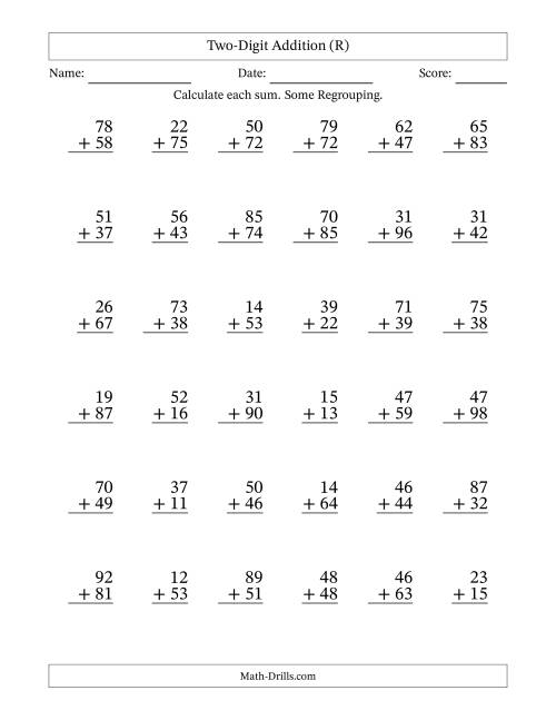 The Two-Digit Addition With Some Regrouping – 36 Questions (R) Math Worksheet