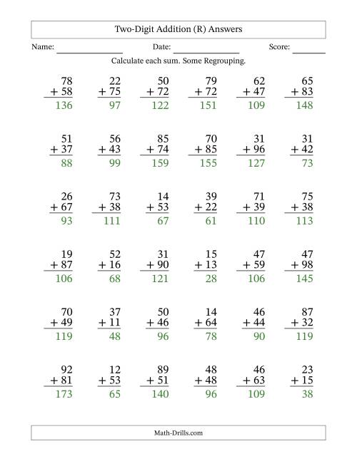 The Two-Digit Addition With Some Regrouping – 36 Questions (R) Math Worksheet Page 2