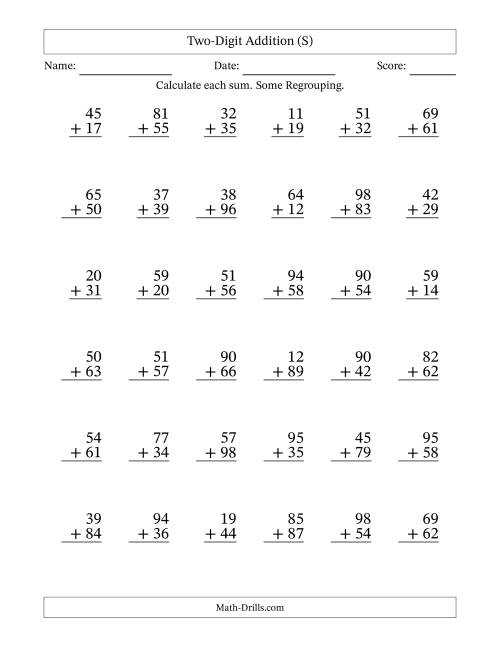 The Two-Digit Addition With Some Regrouping – 36 Questions (S) Math Worksheet