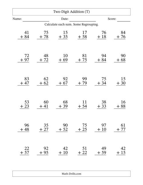 The Two-Digit Addition With Some Regrouping – 36 Questions (T) Math Worksheet