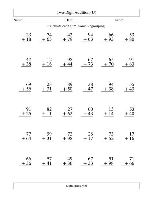 The Two-Digit Addition With Some Regrouping – 36 Questions (U) Math Worksheet