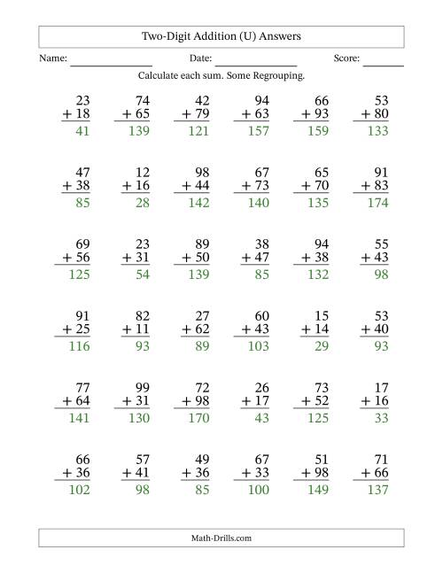 The Two-Digit Addition With Some Regrouping – 36 Questions (U) Math Worksheet Page 2