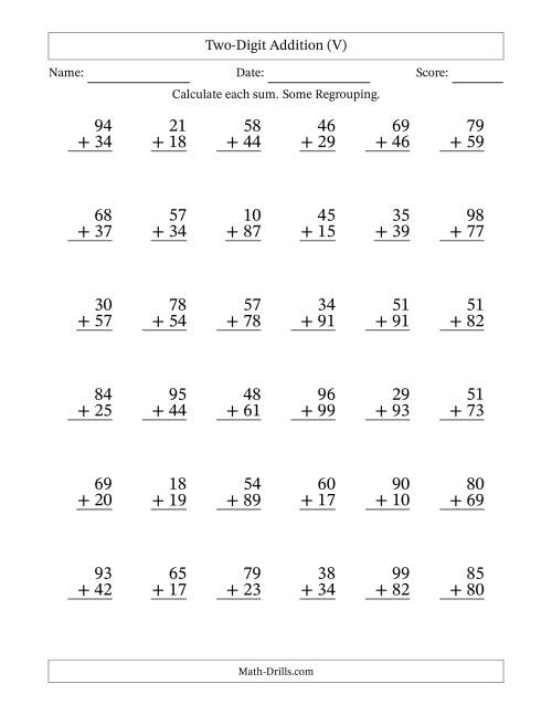 The Two-Digit Addition With Some Regrouping – 36 Questions (V) Math Worksheet