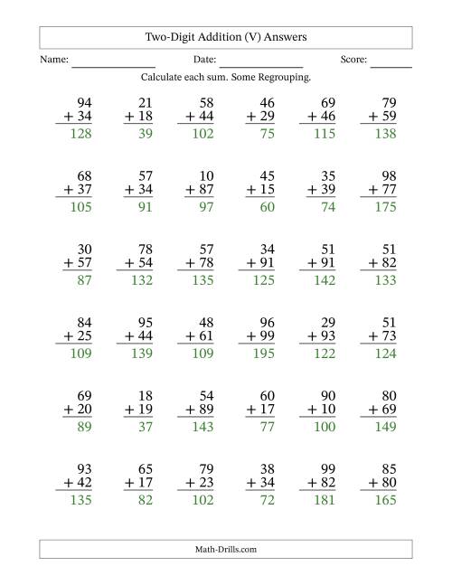 The Two-Digit Addition With Some Regrouping – 36 Questions (V) Math Worksheet Page 2