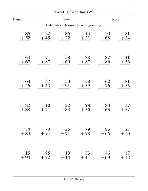 The Two-Digit Addition With Some Regrouping – 36 Questions (W) Math Worksheet