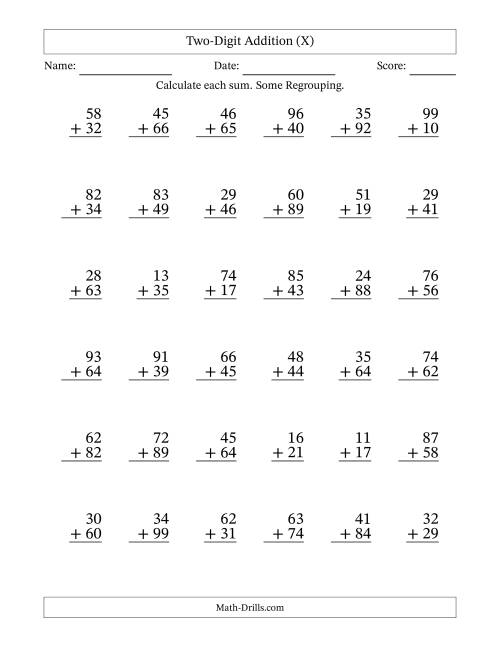 The Two-Digit Addition With Some Regrouping – 36 Questions (X) Math Worksheet