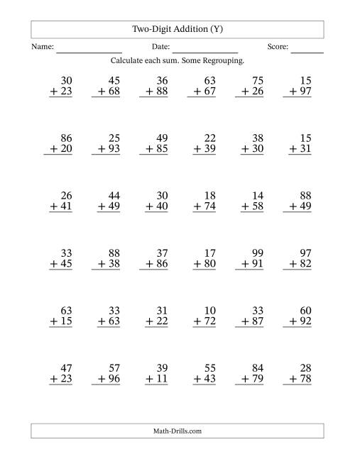 The Two-Digit Addition With Some Regrouping – 36 Questions (Y) Math Worksheet