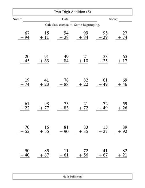 The Two-Digit Addition With Some Regrouping – 36 Questions (Z) Math Worksheet