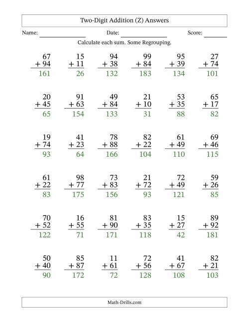 The Two-Digit Addition With Some Regrouping – 36 Questions (Z) Math Worksheet Page 2