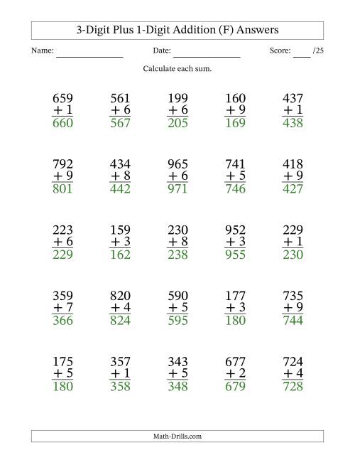 The 3-Digit Plus 1-Digit Addition With Some Regrouping (25 Questions) (F) Math Worksheet Page 2