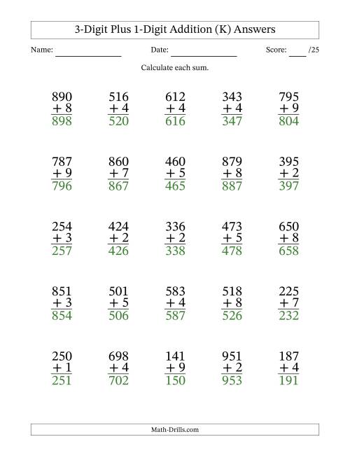 The 3-Digit Plus 1-Digit Addition With Some Regrouping (25 Questions) (K) Math Worksheet Page 2