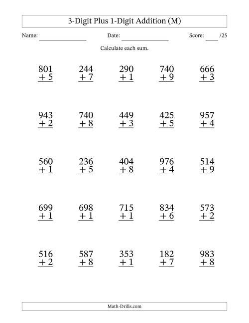 The 3-Digit Plus 1-Digit Addition With Some Regrouping (25 Questions) (M) Math Worksheet
