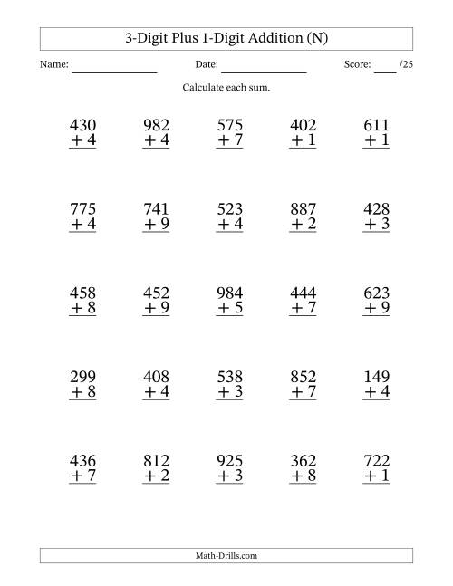 The 3-Digit Plus 1-Digit Addition With Some Regrouping (25 Questions) (N) Math Worksheet