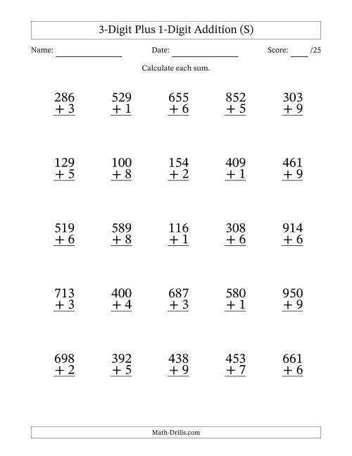The 3-Digit Plus 1-Digit Addition With Some Regrouping (25 Questions) (S) Math Worksheet
