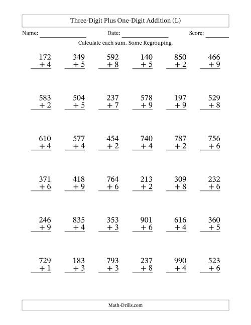 The Three-Digit Plus One-Digit Addition With Some Regrouping – 36 Questions (L) Math Worksheet