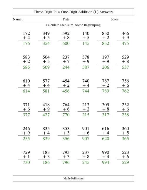 The Three-Digit Plus One-Digit Addition With Some Regrouping – 36 Questions (L) Math Worksheet Page 2