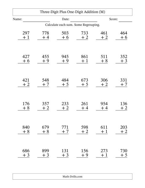 The Three-Digit Plus One-Digit Addition With Some Regrouping – 36 Questions (M) Math Worksheet