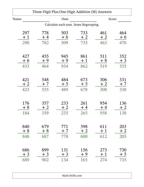 The Three-Digit Plus One-Digit Addition With Some Regrouping – 36 Questions (M) Math Worksheet Page 2