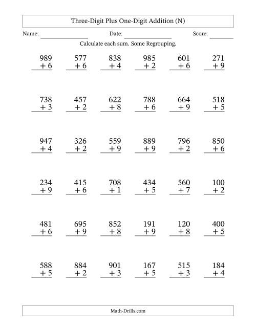 The Three-Digit Plus One-Digit Addition With Some Regrouping – 36 Questions (N) Math Worksheet