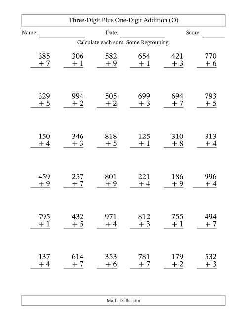 The Three-Digit Plus One-Digit Addition With Some Regrouping – 36 Questions (O) Math Worksheet