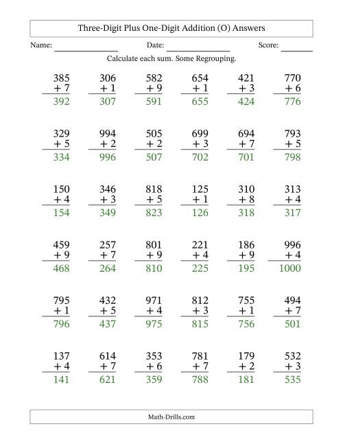 The Three-Digit Plus One-Digit Addition With Some Regrouping – 36 Questions (O) Math Worksheet Page 2