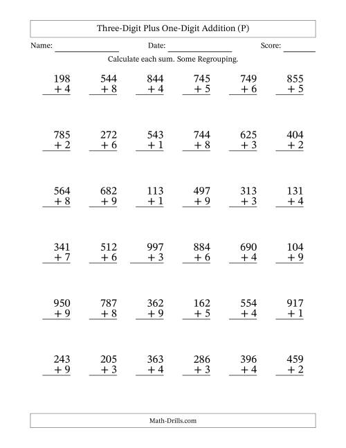 The Three-Digit Plus One-Digit Addition With Some Regrouping – 36 Questions (P) Math Worksheet