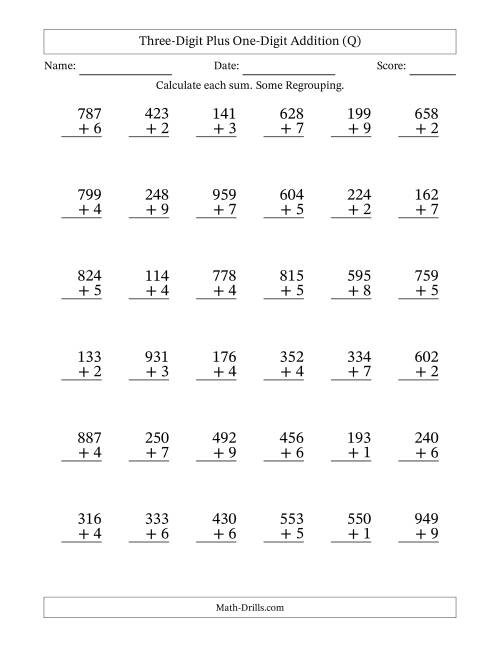 The Three-Digit Plus One-Digit Addition With Some Regrouping – 36 Questions (Q) Math Worksheet