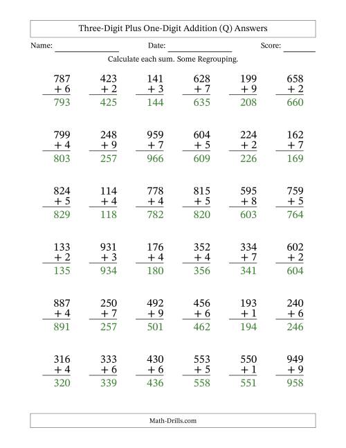 The Three-Digit Plus One-Digit Addition With Some Regrouping – 36 Questions (Q) Math Worksheet Page 2