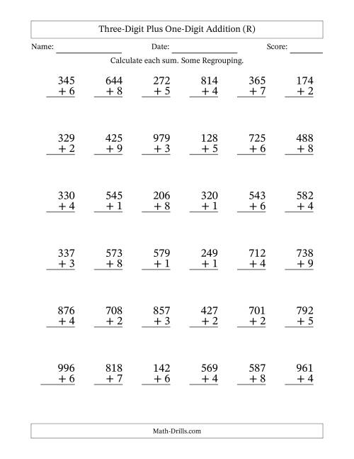The Three-Digit Plus One-Digit Addition With Some Regrouping – 36 Questions (R) Math Worksheet