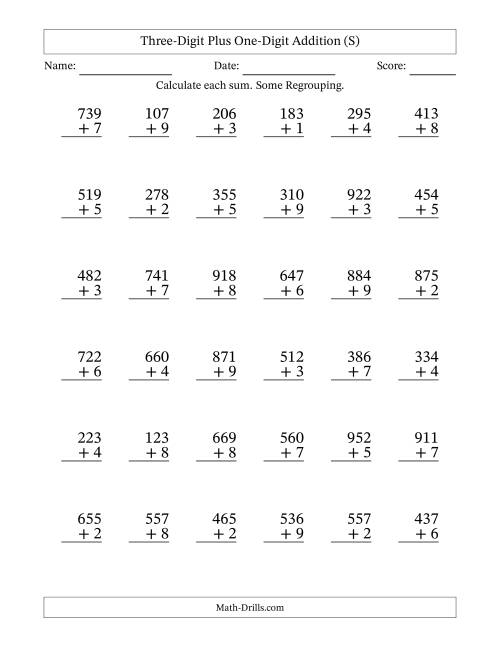 The Three-Digit Plus One-Digit Addition With Some Regrouping – 36 Questions (S) Math Worksheet
