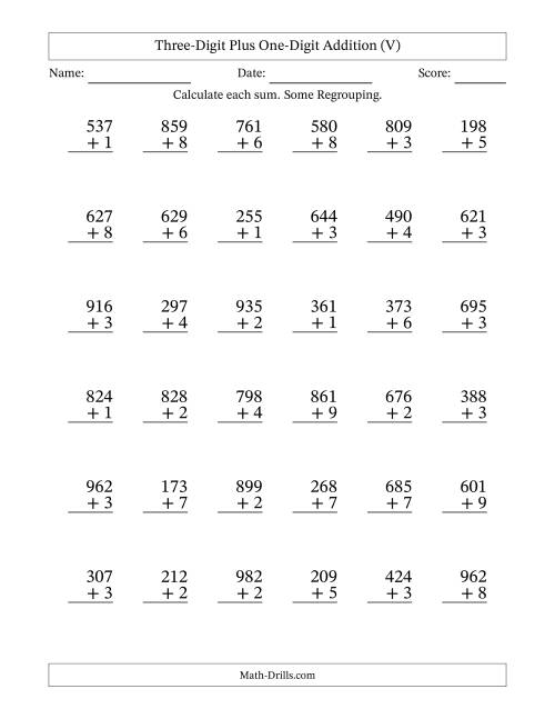 The Three-Digit Plus One-Digit Addition With Some Regrouping – 36 Questions (V) Math Worksheet