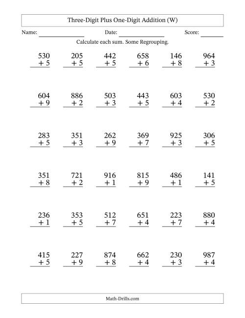 The Three-Digit Plus One-Digit Addition With Some Regrouping – 36 Questions (W) Math Worksheet
