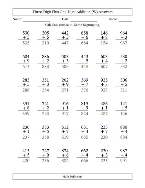 The Three-Digit Plus One-Digit Addition With Some Regrouping – 36 Questions (W) Math Worksheet Page 2