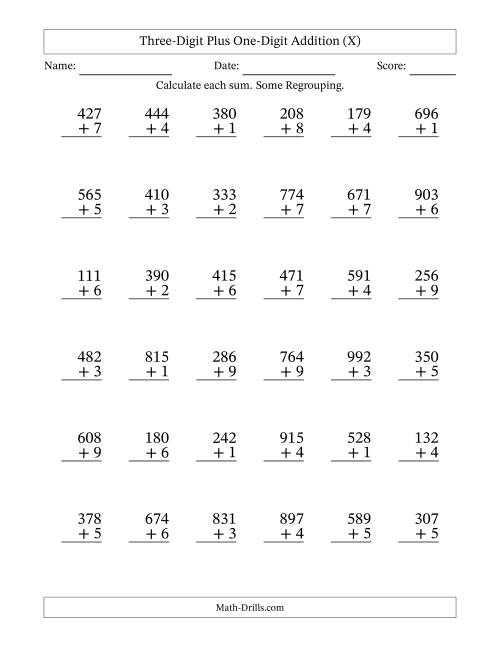 The Three-Digit Plus One-Digit Addition With Some Regrouping – 36 Questions (X) Math Worksheet