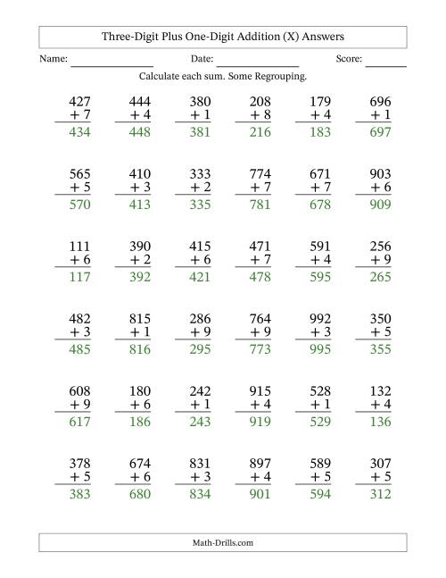 The Three-Digit Plus One-Digit Addition With Some Regrouping – 36 Questions (X) Math Worksheet Page 2