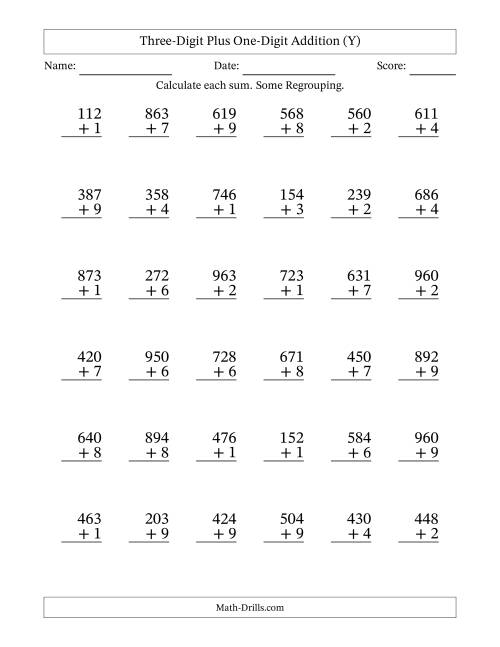The Three-Digit Plus One-Digit Addition With Some Regrouping – 36 Questions (Y) Math Worksheet