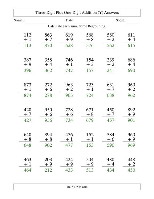 The Three-Digit Plus One-Digit Addition With Some Regrouping – 36 Questions (Y) Math Worksheet Page 2